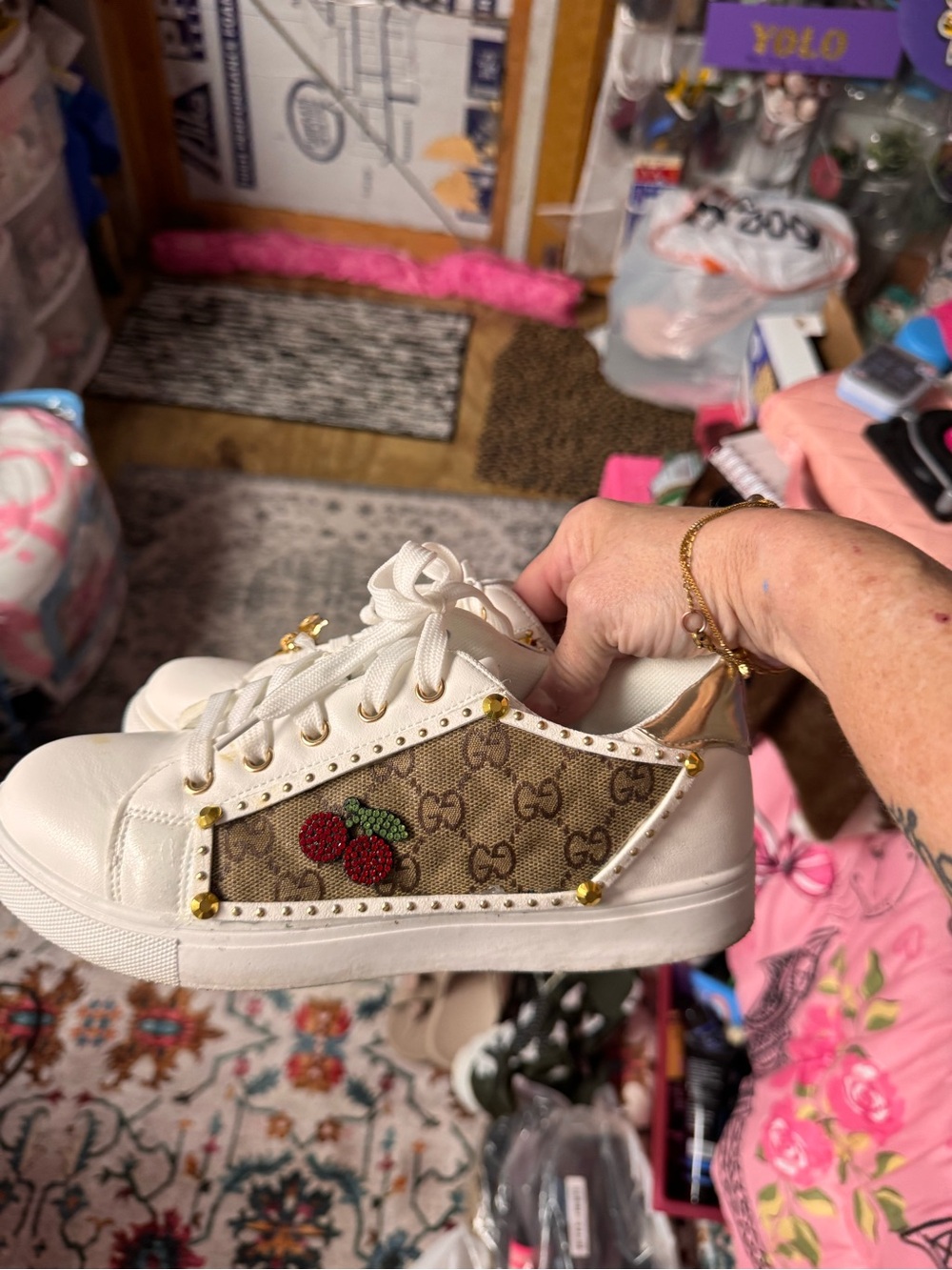 White Designer Logo Cherry Accent Women's Sneakers